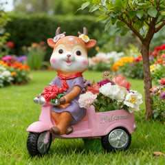 Decorative Fox Figurine in Pink Car, Purple Dress with Floral Bouquet