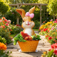Garden Bunny Figurine, Decorative Rabbit with Pink Bow, Succulent Planter Basket