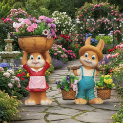 Decorative Rabbit Figurines with Flower Baskets, Orange and Red