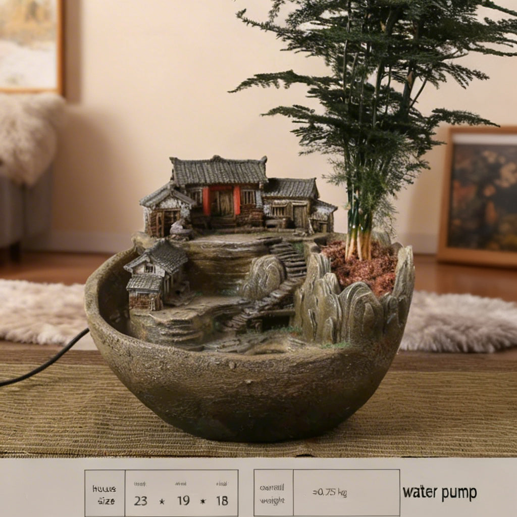 Mountain Village Tabletop Water Fountain & Planter