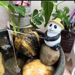 Decorative Panda Figurine with Straw Hat, Black and White