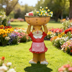 Garden Bunny Statue, Decorative Resin Rabbit Figurine with Red Dress, Pink Apron