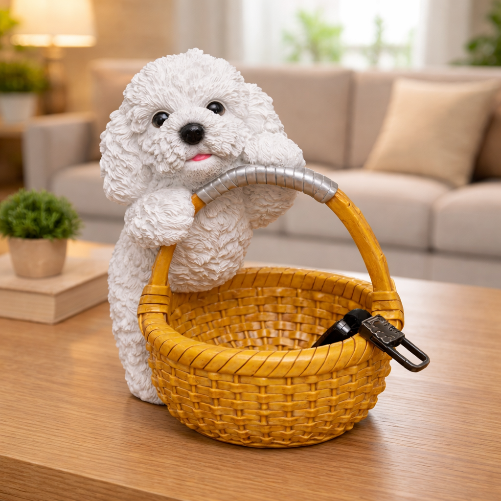 Cute Bichon Frise Basket Showpiece