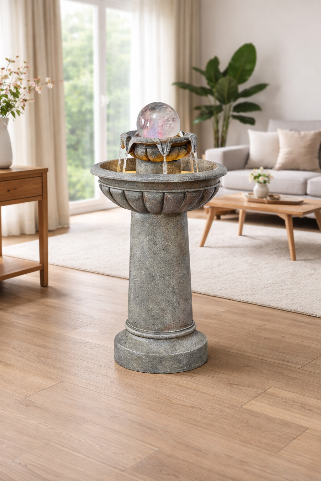Classic Stone-Finish Pedestal Fountain with Crystal Sphere