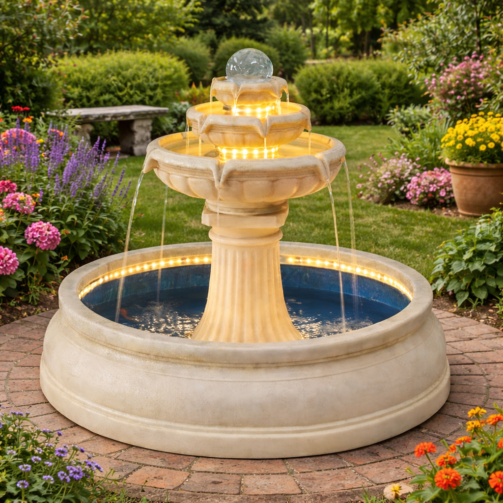Illuminated Multi-Tier Pedestal Fountain