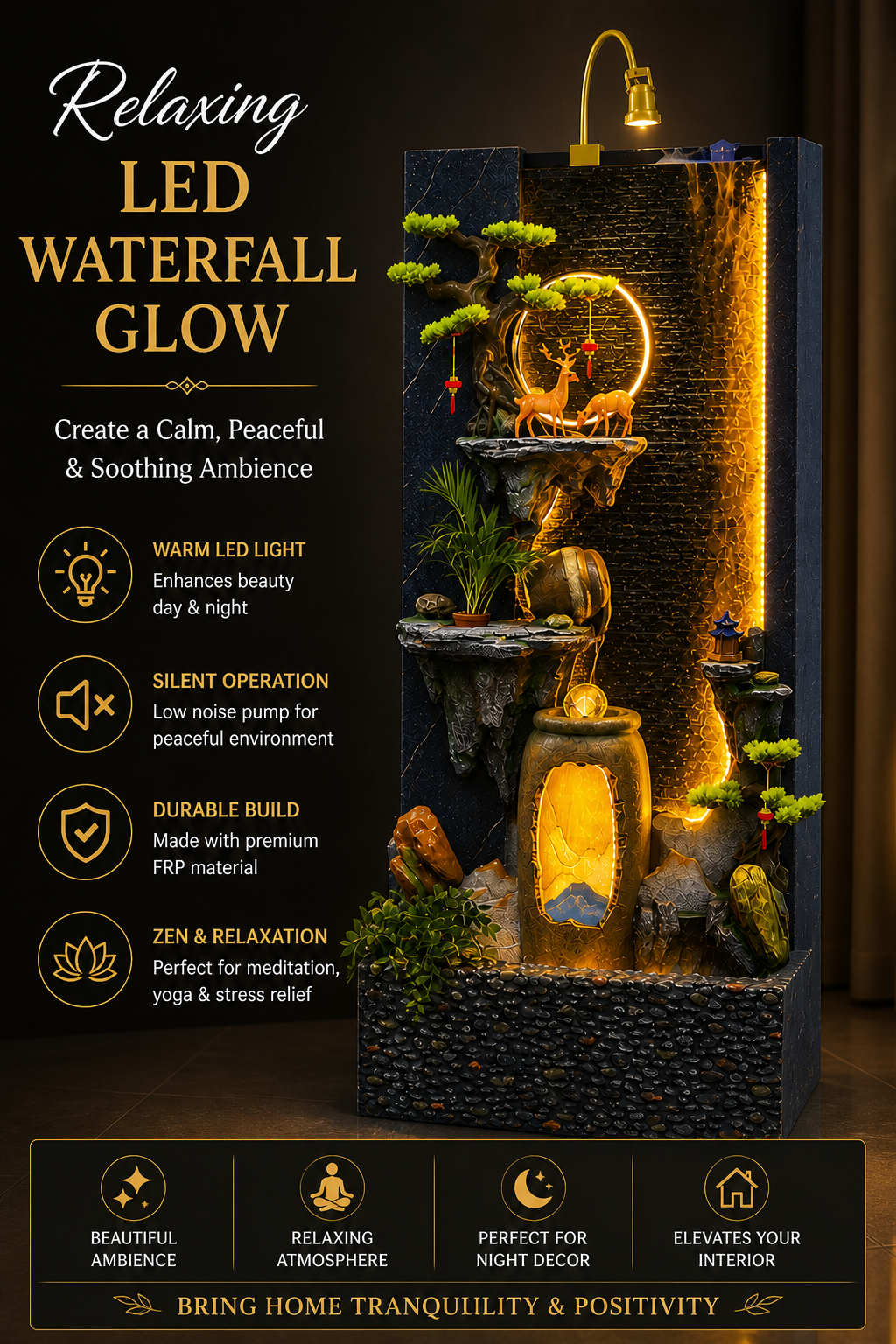 Tall Rectangular Indoor Water Fountain with Golden Spinning Wheel