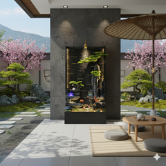 Waterfall Fountain with LED Lights, Black Frame, Asian Style Landscape Design