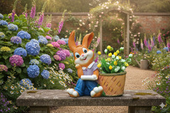 Relaxing Cute Sitting Bunny Resin Planter Pot with Basket for Garden