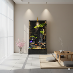 Waterfall Fountain with LED Lights, Black Frame, Asian Style Landscape Design