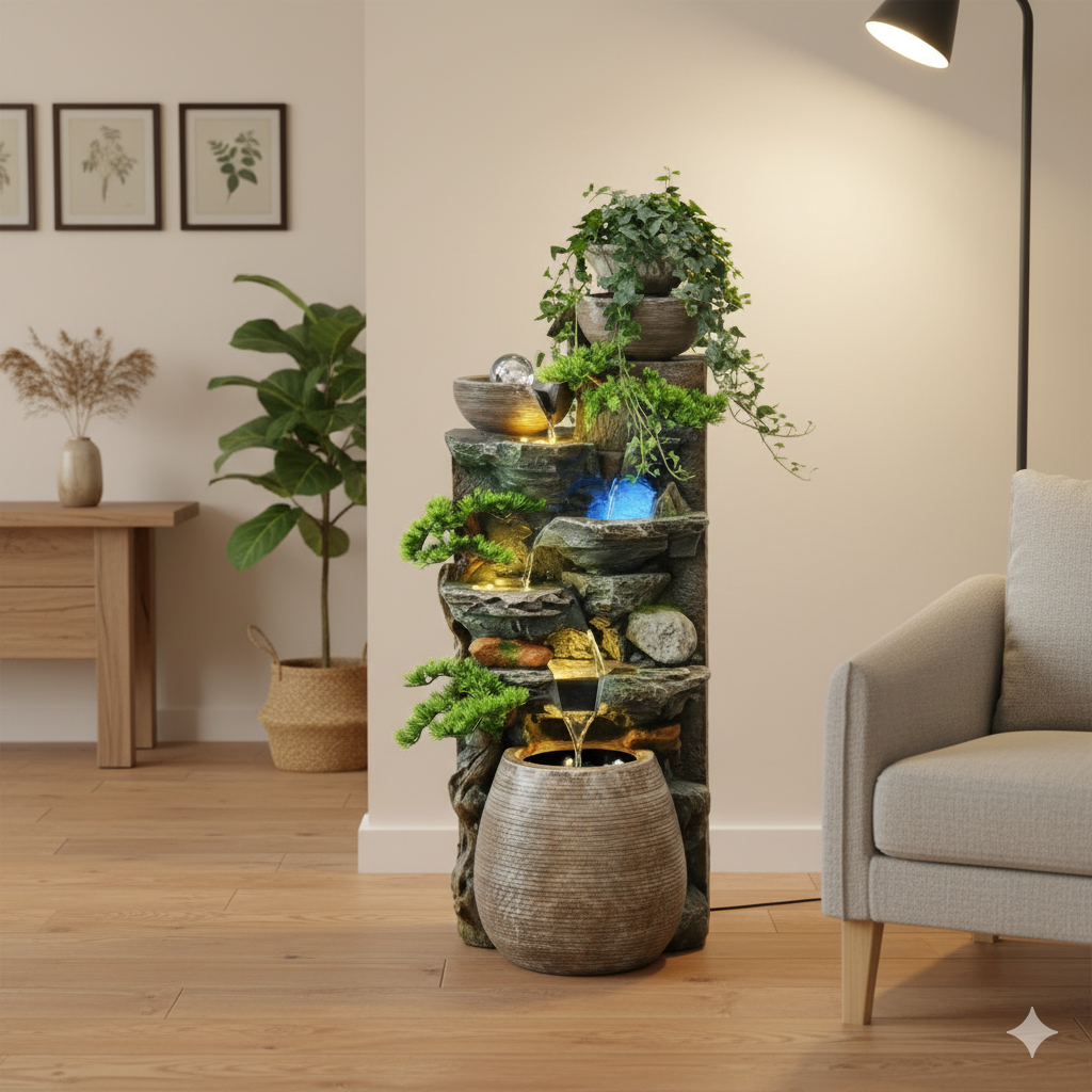 Cascading Water Fountain with LED Lights, Decorative Rock Design, Multi-Tier Plante