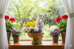 White Decorative Rabbit with Yellow Flower Basket
