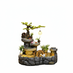 Decorative Indoor Fountain with Bonsai Tree, 3-Tier Stone Waterfall, LED Light