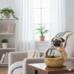 PUG DOG WITH BASKET