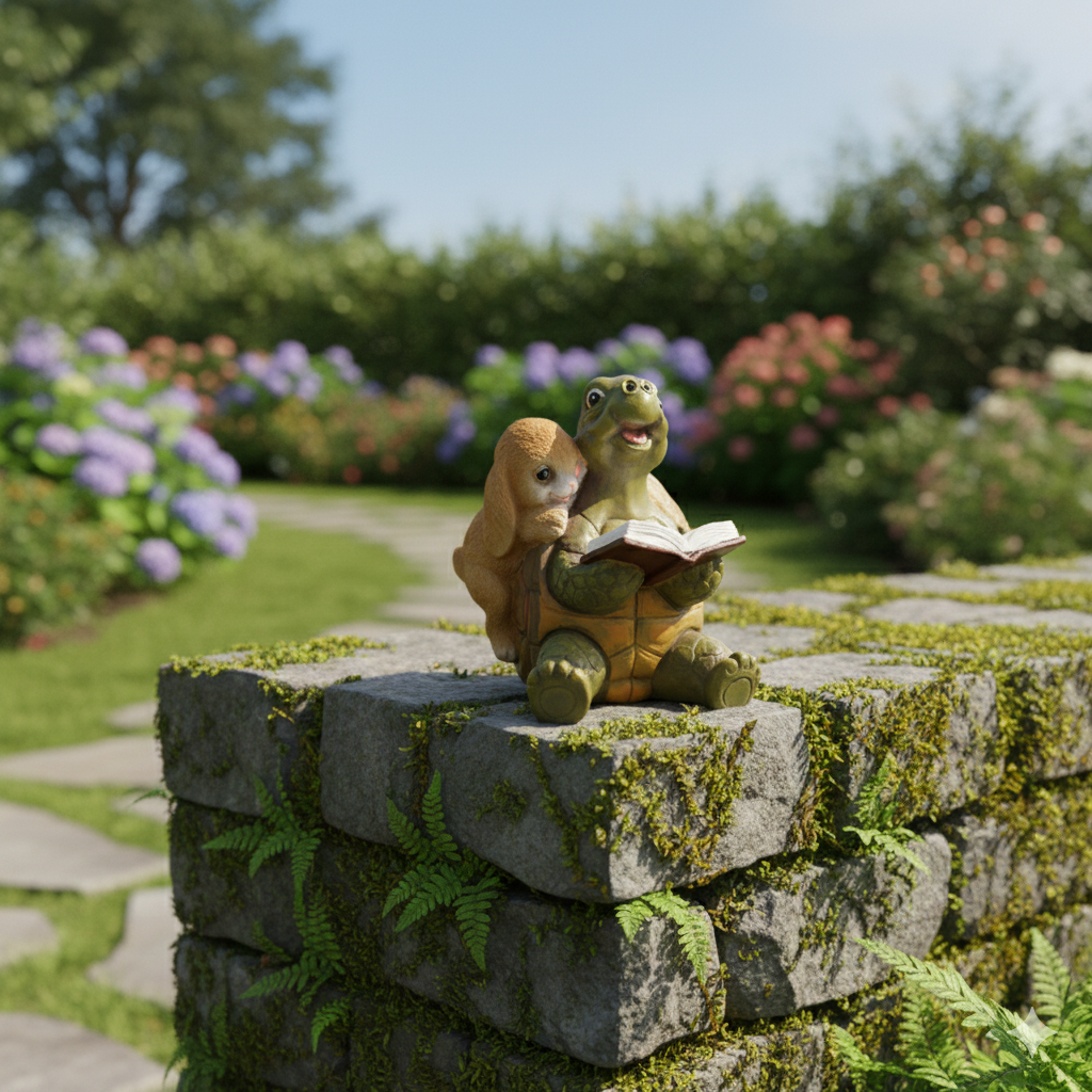 Rabbit and Turtle Reading Figurine