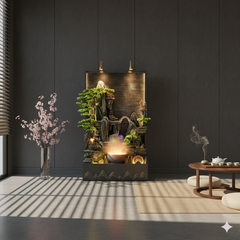 Water Fountain with LED Lights, Mountain Rockery Design, Large Floor Standing Waterfall