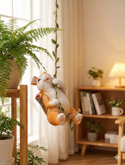 Garden Decor Hanging Bunny Ornament, White and Orange Resin Rabbit on Leaf Vine Swing