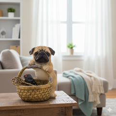 PUG DOG WITH BASKET