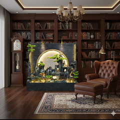 Zen Garden Indoor Fountain with LED Lights, Asian Mountain Landscape Design