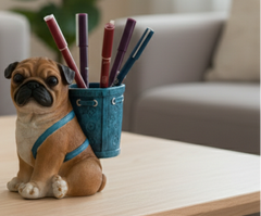 dog-shaped pencil holders on a wooden table with a blurred indoor background.