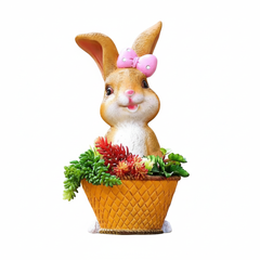 Garden Bunny Figurine, Decorative Rabbit with Pink Bow, Succulent Planter Basket