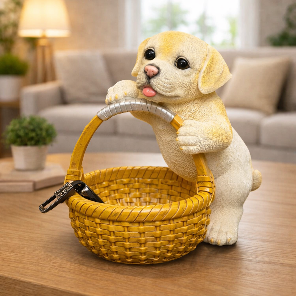 Labrador puppy with wicker basket