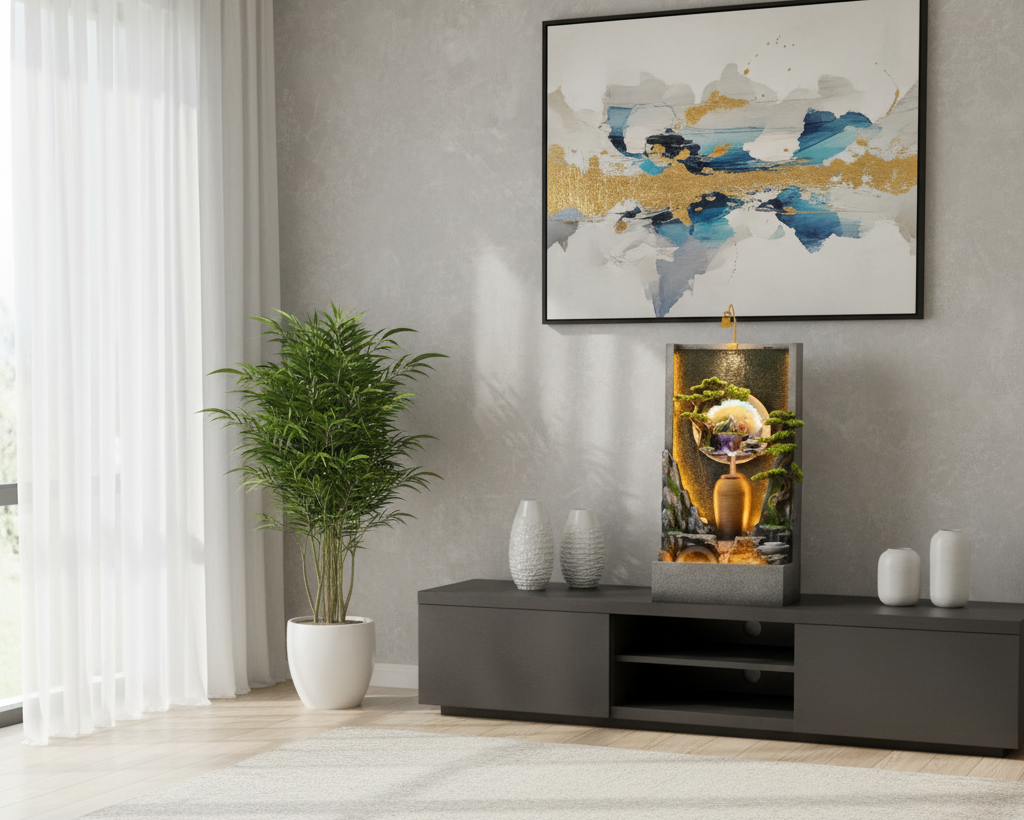 Modern living room with a decorative cabinet, plant, and abstract artwork.