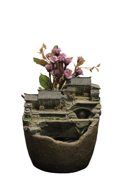 Miniature Asian Garden Planter with Traditional Houses