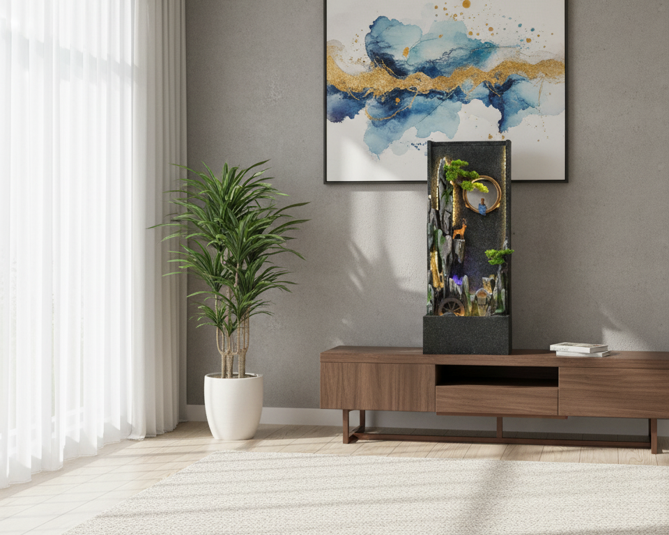 Modern living room with a wooden TV stand, plant, and abstract art on the wall.