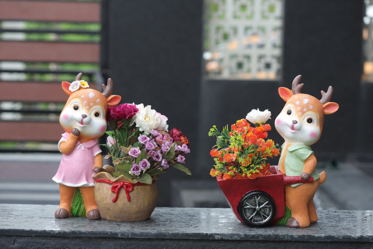Garden Deer Figurine Set with Floral Planters, Decorative Outdoor Statues, Pink and Green Dress