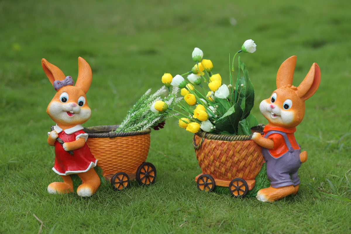 Decorative Flower Cart, Orange Resin Rabbit