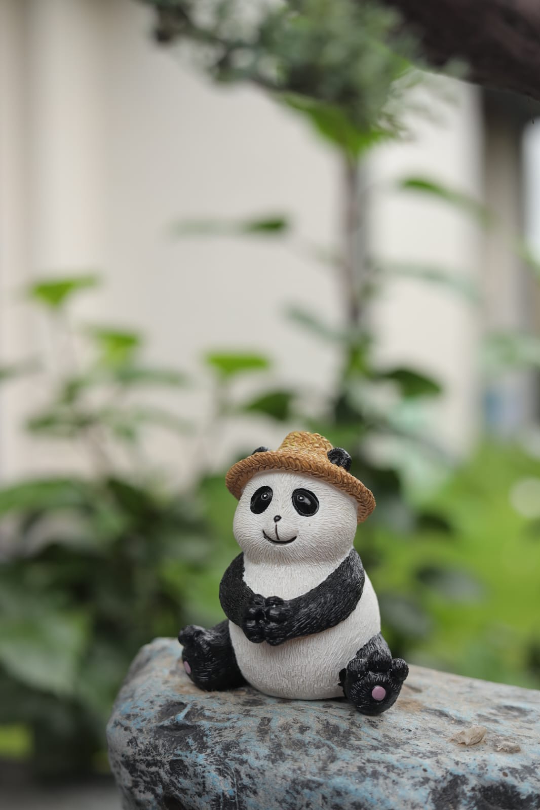 Decorative Panda Figurine with Straw Hat, Black and White
