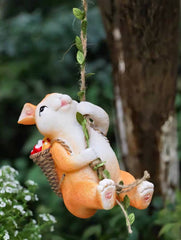 Garden Decor Hanging Bunny Ornament, White and Orange Resin Rabbit on Leaf Vine Swing