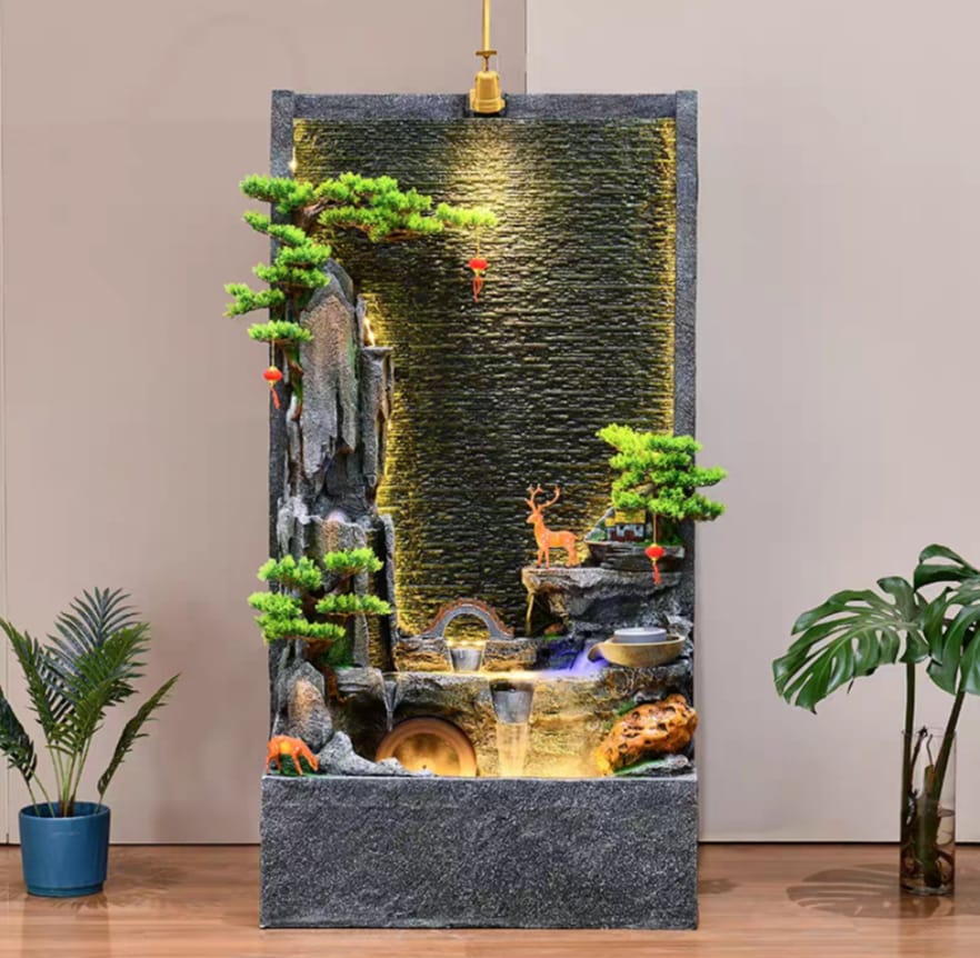 Decorative Waterfall with LED Lights, Deer Figurine, Artificial Plants