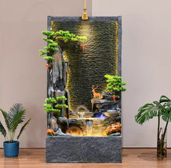 Decorative Waterfall with LED Lights, Deer Figurine, Artificial Plants