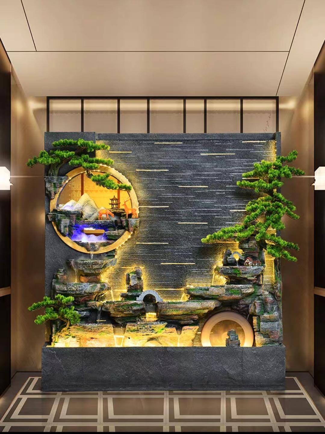 LED Illuminated Mountain Waterfall with Bonsai Tree