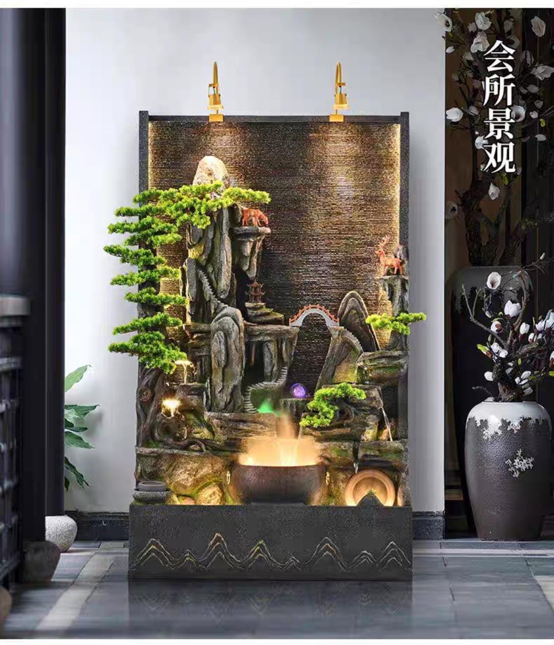 Water Fountain with LED Lights, Mountain Rockery Design, Large Floor Standing Waterfall