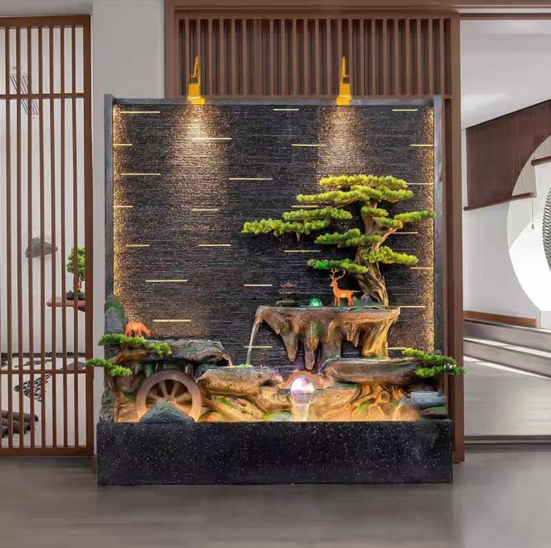 Indoor Zen Garden Waterfall Fountain with LED Lights, Decorative Bonsai Tree Design, Black Base