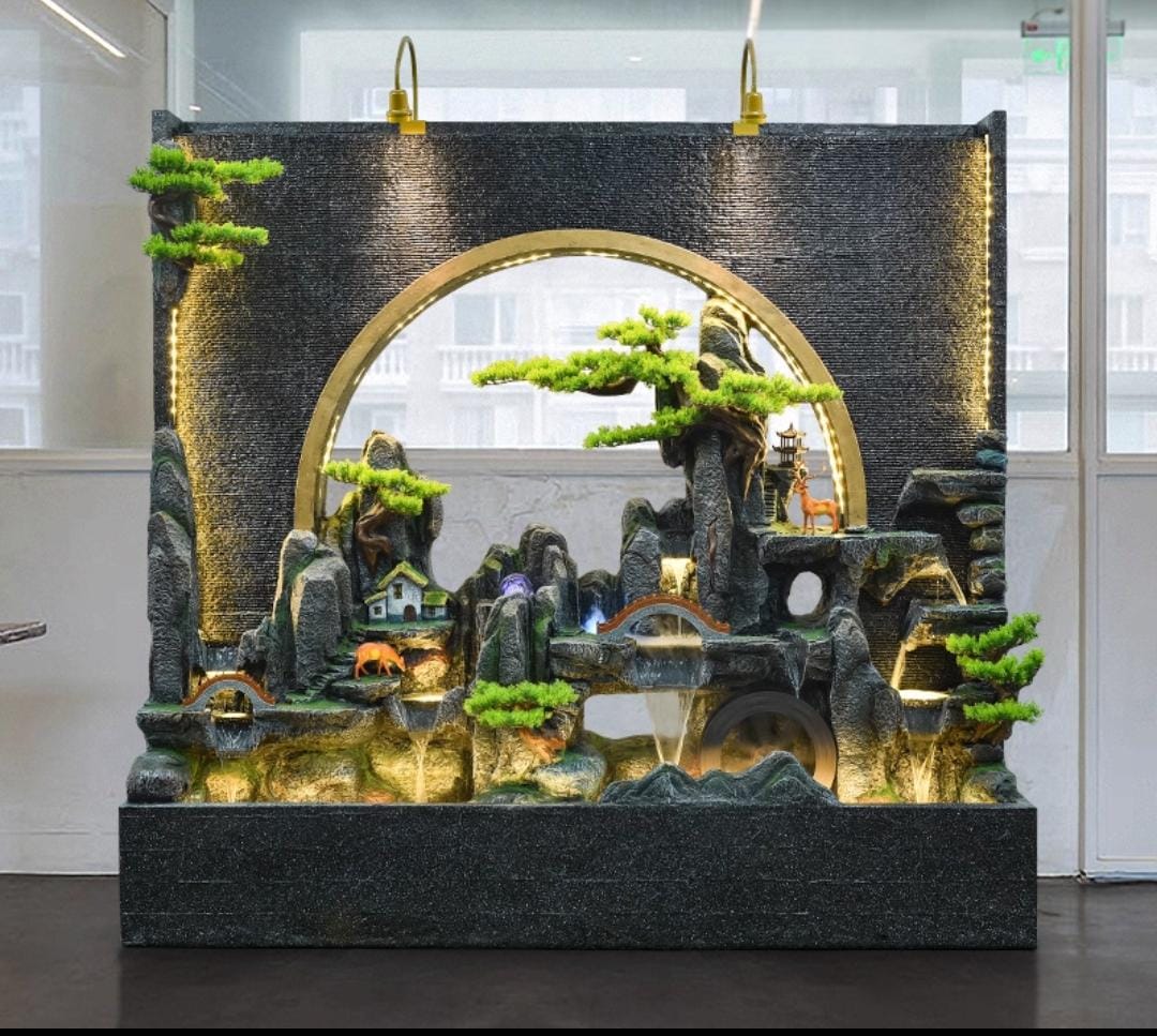 Zen Garden Indoor Fountain with LED Lights, Asian Mountain Landscape Design