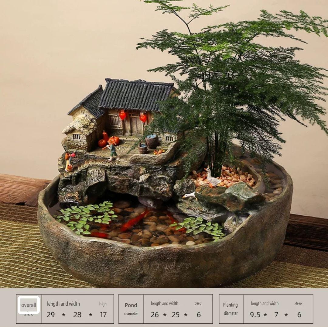 Rustic Miniature Village & Tabletop Water Fountain