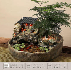 Rustic Miniature Village & Tabletop Water Fountain