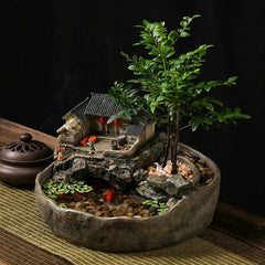 Rustic Miniature Village & Tabletop Water Fountain