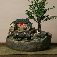 Rustic Miniature Village & Tabletop Water Fountain