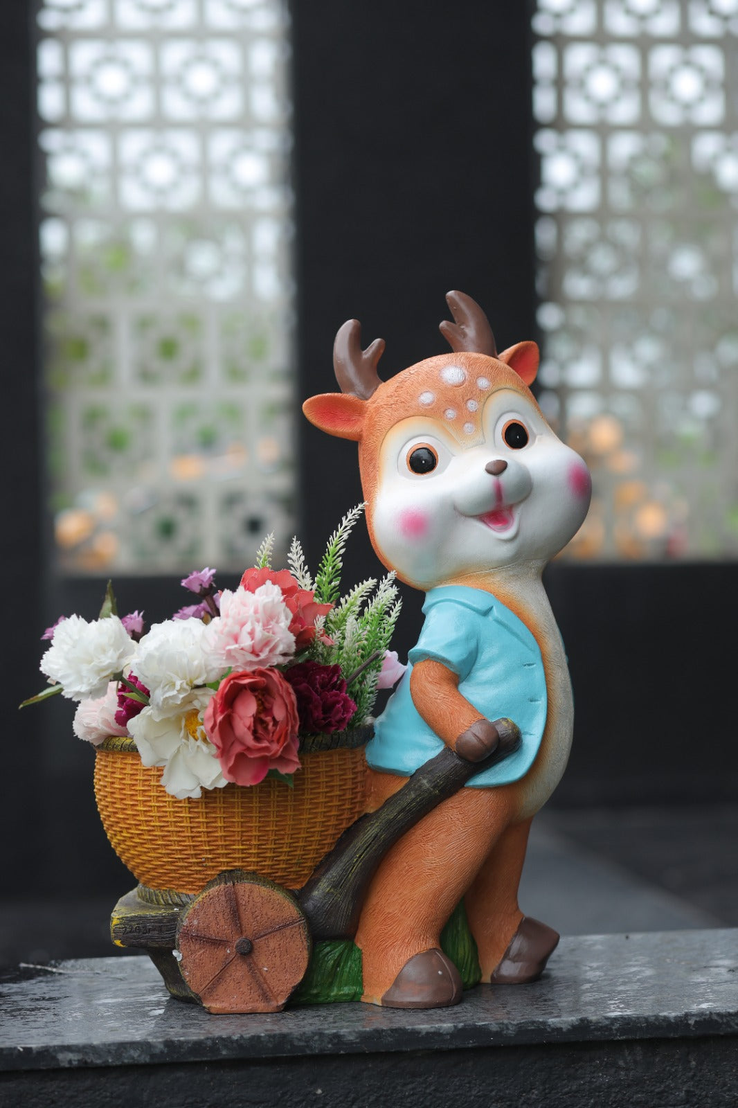 deer plant pot Charming Deer Boy Resin Planter Pot with Woven Basket Cart