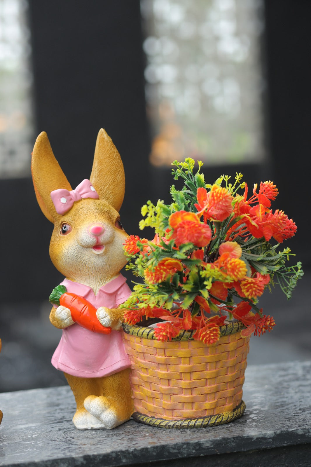 Garden Duck Figurine with Flower Basket, Orange and Pink