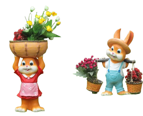 Decorative Rabbit Figurines with Flower Baskets, Orange and Red