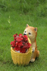Garden Decorative Shiba Inu Dog Figurine with Yellow Basket