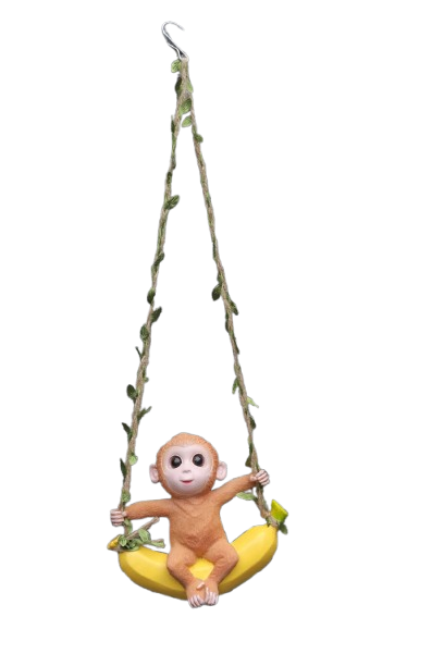 hanging Garden Ornament, Decorative Monkey on Banana Swing with Vine Rope, Brown and Yellow