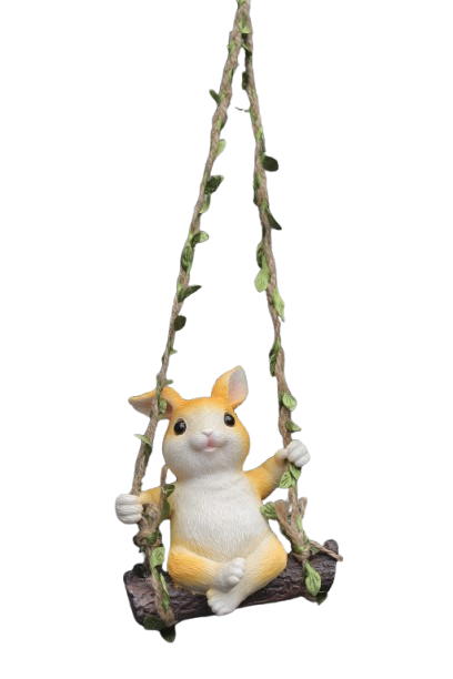 Garden Decor Hanging Bunny Ornament, White and Orange Resin Rabbit on Leaf Vine Swing
