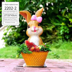 Garden Bunny Figurine, Decorative Rabbit with Pink Bow, Succulent Planter Basket
