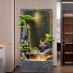 Decorative Waterfall with LED Lights, Deer Figurine, Artificial Plants
